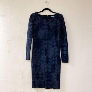 Alice + Olivia Nadia Greek Key Geometric Merino Wool Sweater Dress in Blue Black